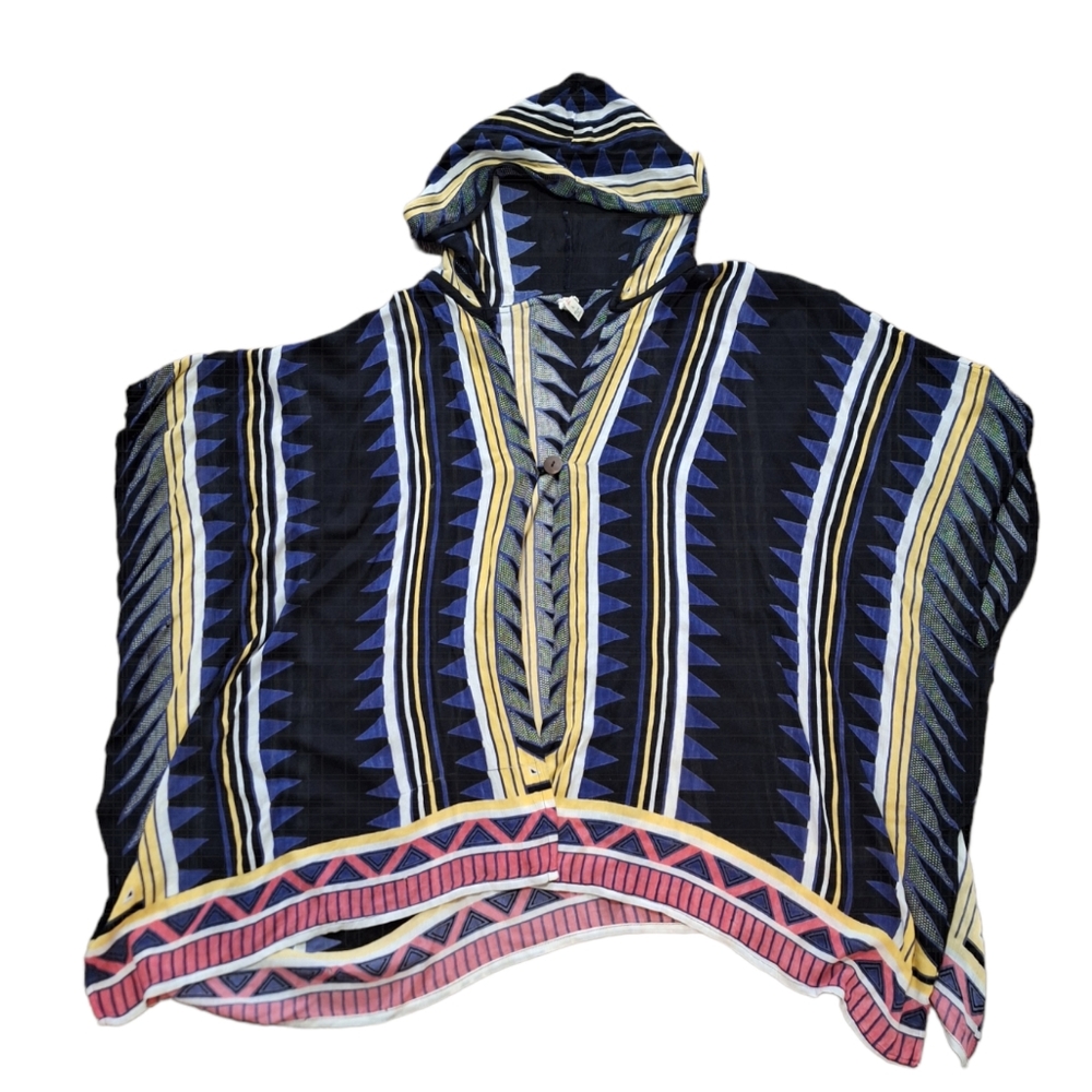 Raga Multi Colored Striped One Button Hooded Poncho Style Jacket Cardigan Sz L